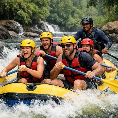 Foreign tourists enjoying white water rafting adventure in Kithulgala Sri Lanka