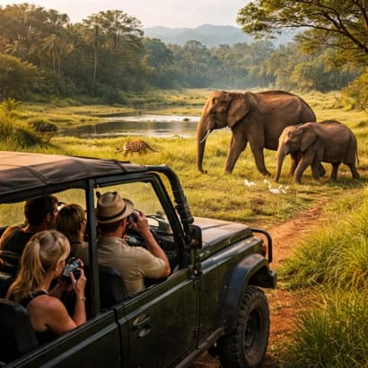 Sri Lanka wildlife safari with elephant, leopard, deer and peacock in natural jungle environment